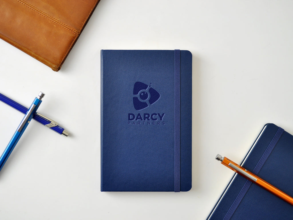 Darcy Partners logo embossed notebooks, imprinted moleskine sapphire blue hardcover