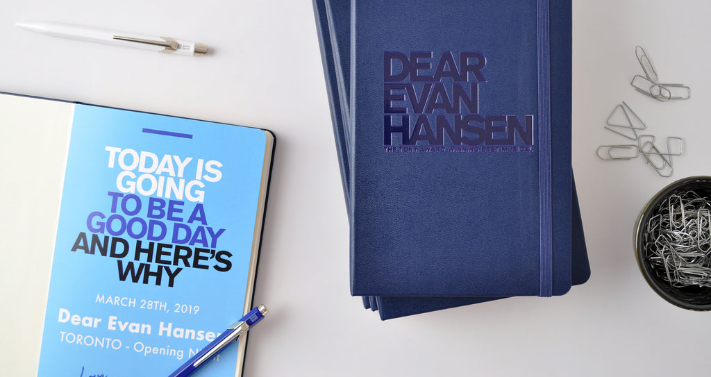 Talenthouse notebooks for musical Dear Evan Hansen with custom logo embossed and custom page insert