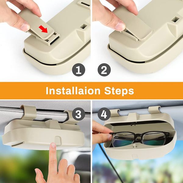 Beige Glasses Holder for Car Sun Visor Sunglasses Case One Hand Operation Design with Sponge Double Card Slots for All Car Models 