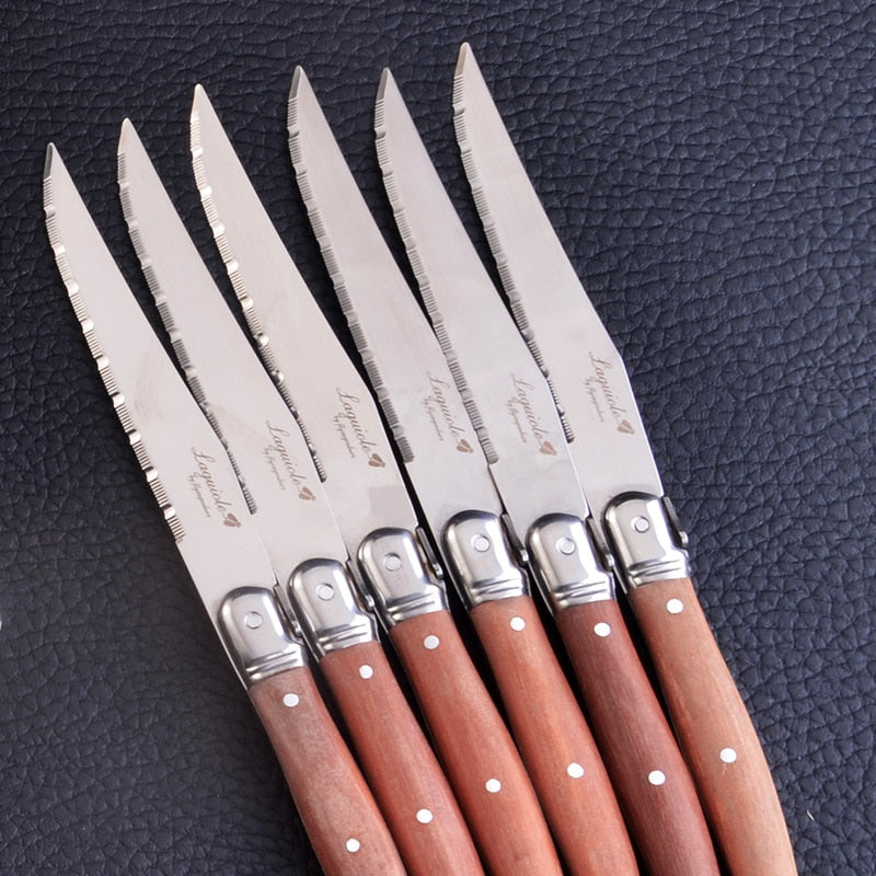 6pcs Laguiole Stainless steel Steak Knives with Wood Base Tableware Set 