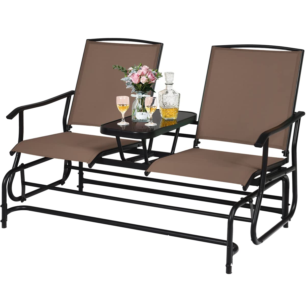 Poolside Balcony Garden Rocking Loveseat for Patio Mesh Fabric Rocking Chair w/Center Tempered Glass Table Black Giantex 2 Person Outdoor Double Glider Chair 