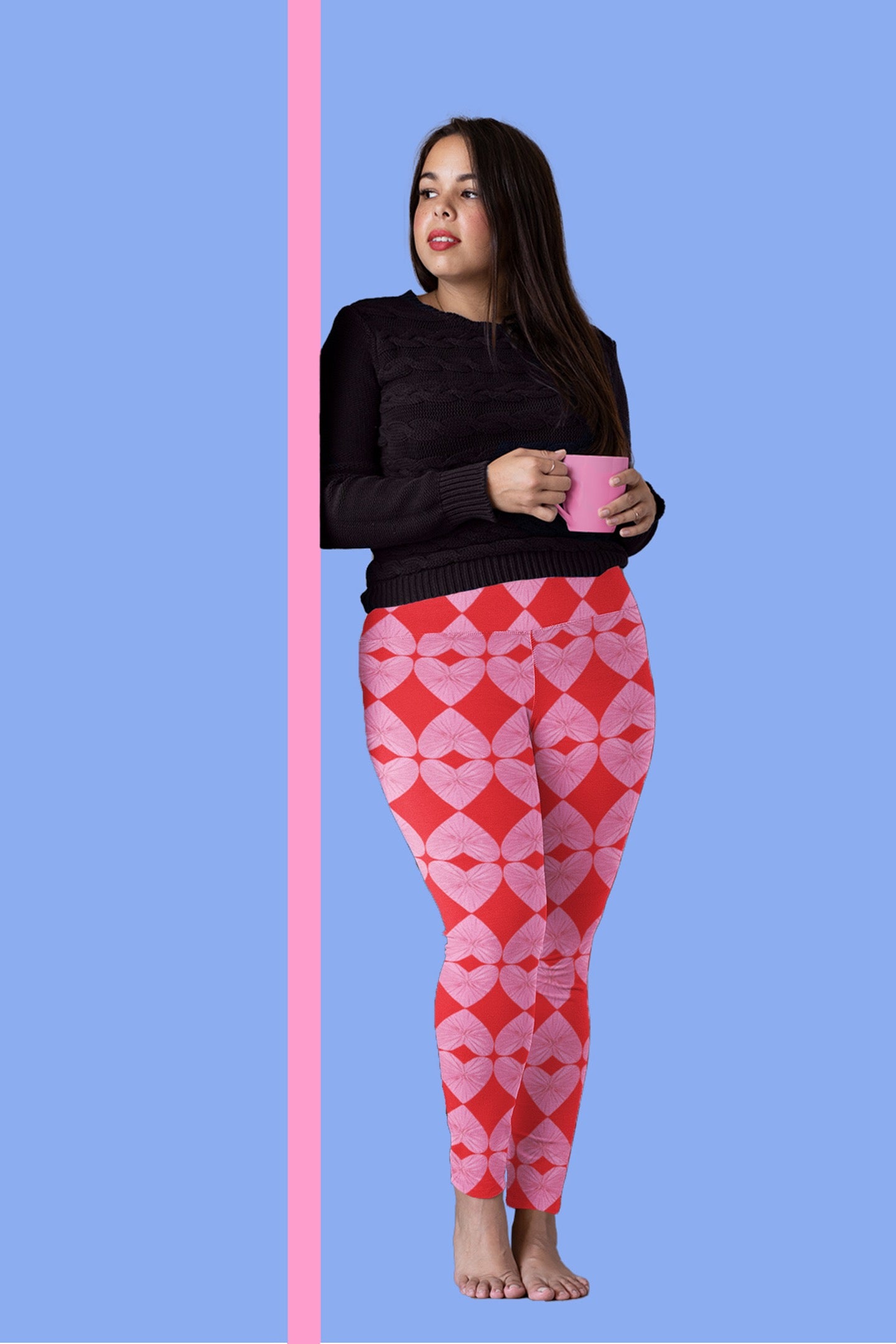 Harlequin Pink Heart on Red Curve High-Waisted Leggings