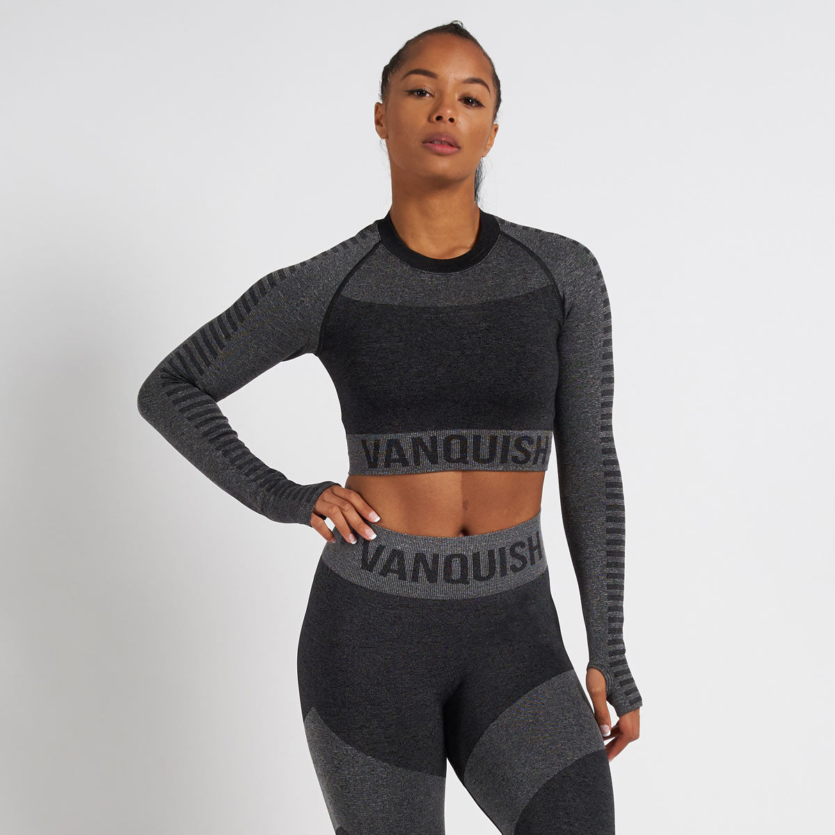 vanquish allure women"s black seamless long sleeve crop top