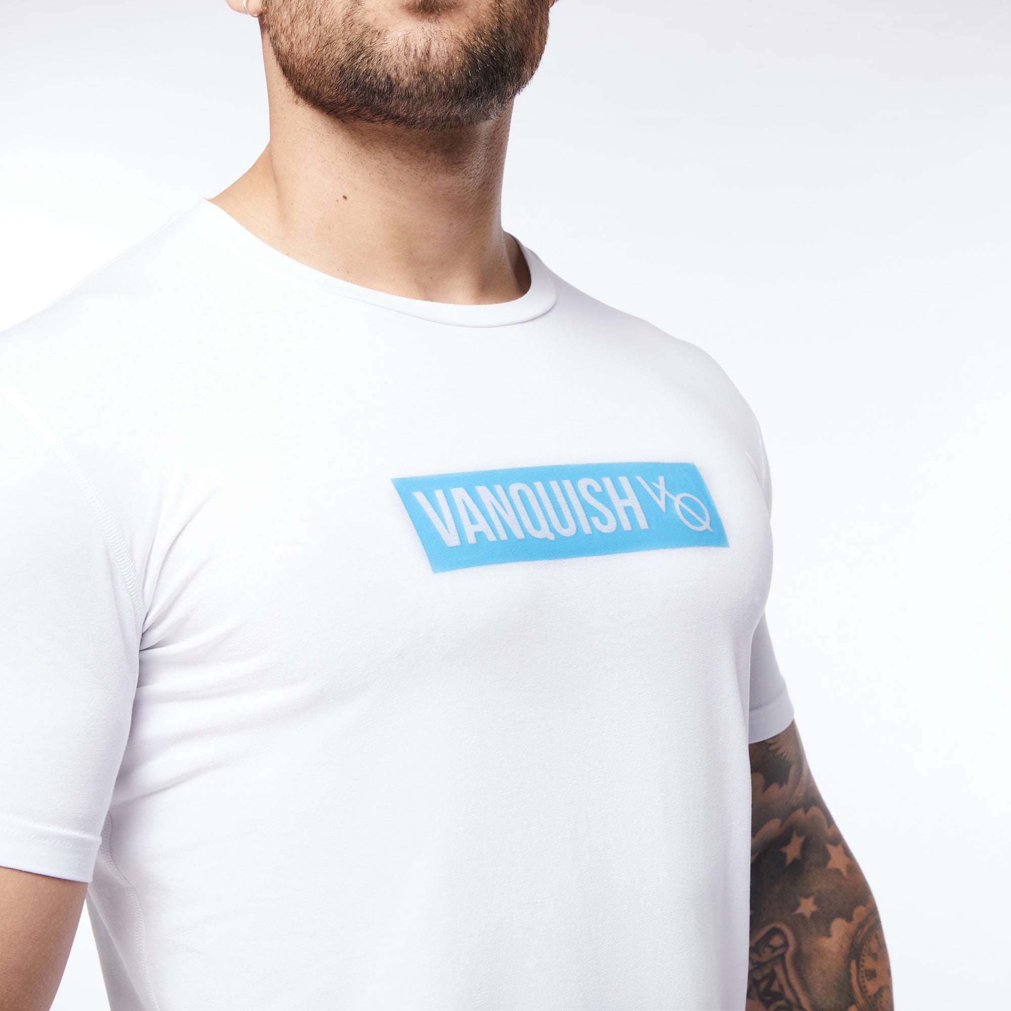 Vanquish Box Logo Blue on White Short Sleeve T Shirt