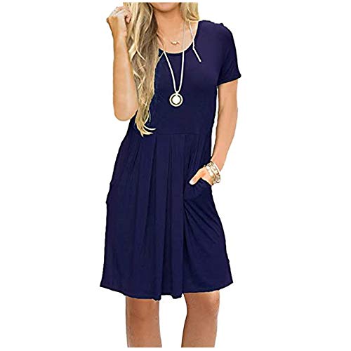 Newbestyle Women Summer Casual Dress Short Sleeve Empire Waist Knee Length Pleated T Shirt Dress with Pocket