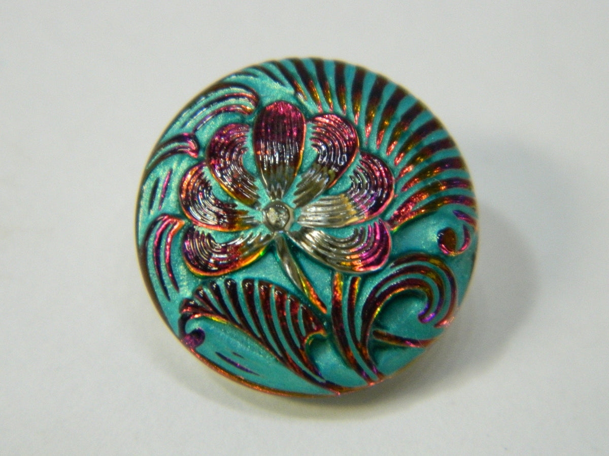 18 mm Czech Glass Button Hand painted flowers with bronze band 