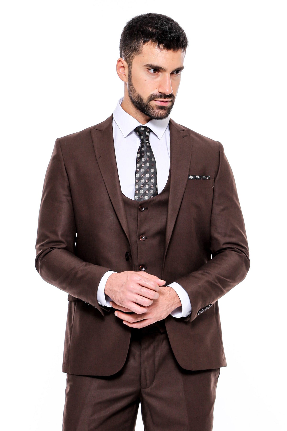 Peak Lapel Slim Fit 3 Piece Brown Men Suit– Clothing Supplier
