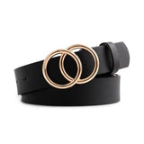 Double Round Gold Buckle Black Leather Belt