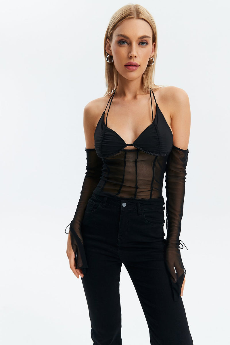 Lace Up Halter Neck Mesh Splicing Long Sleeve Top