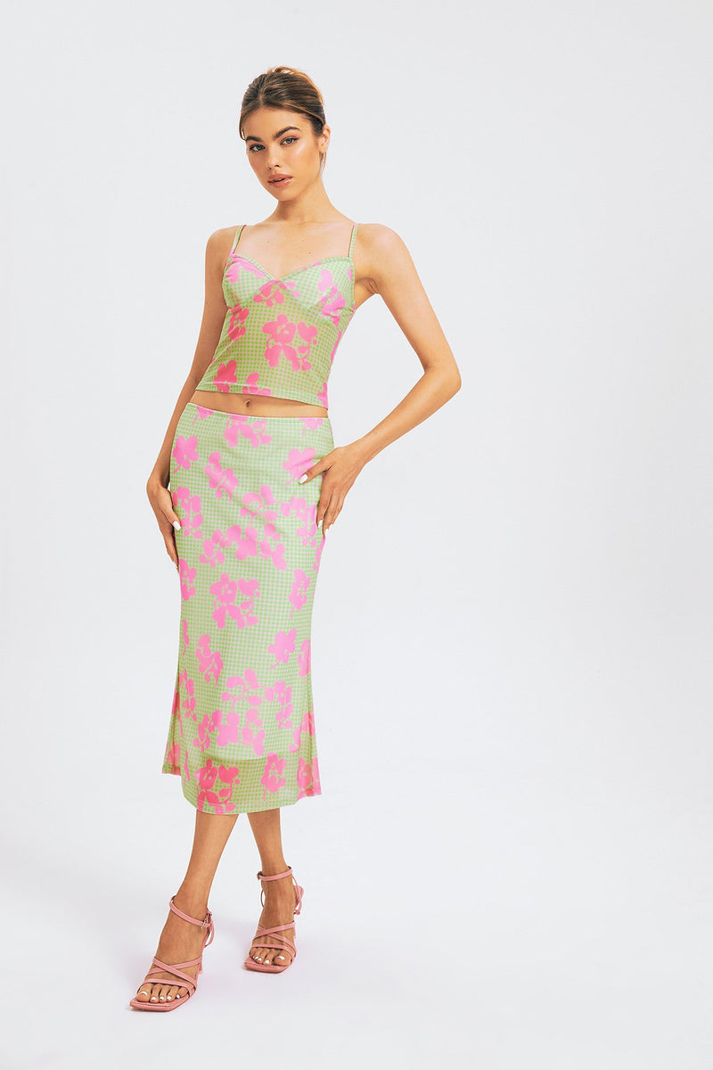 Plaid Print Crop Top & Floral Layered Midi Skirt Set