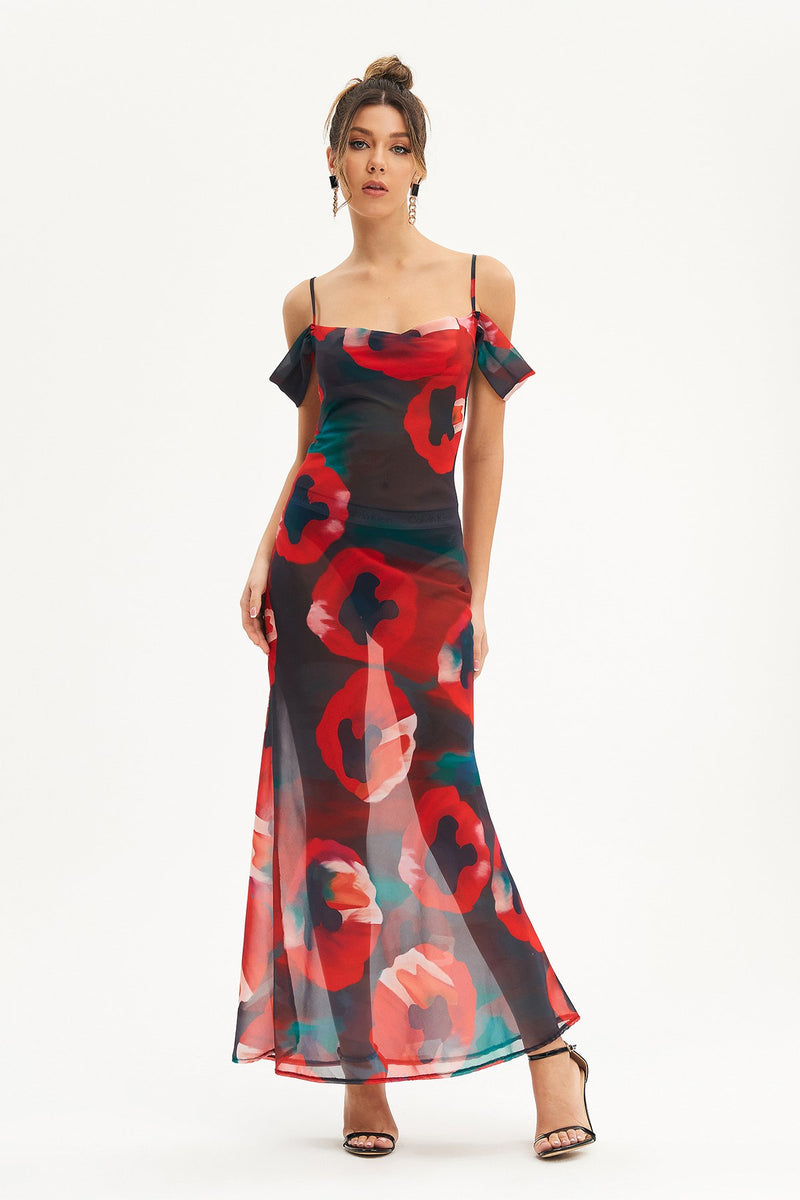 Cold Shoulder Abstract Print Mesh Maxi Dress