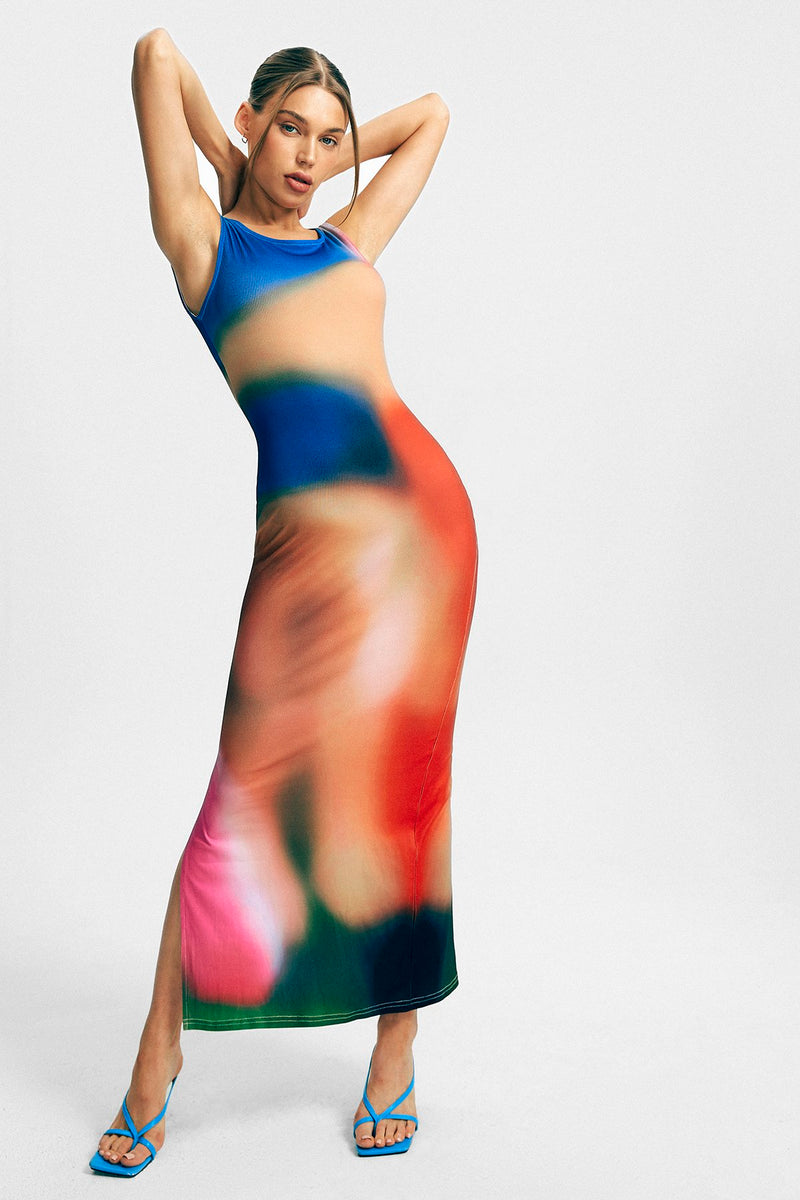 Tie Dye Side Split Sleeveless Ribbed Maxi Dress