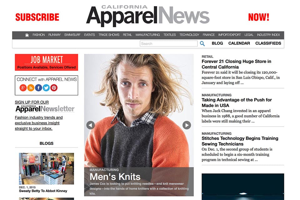 James Cox Knits on cover of Apparel News