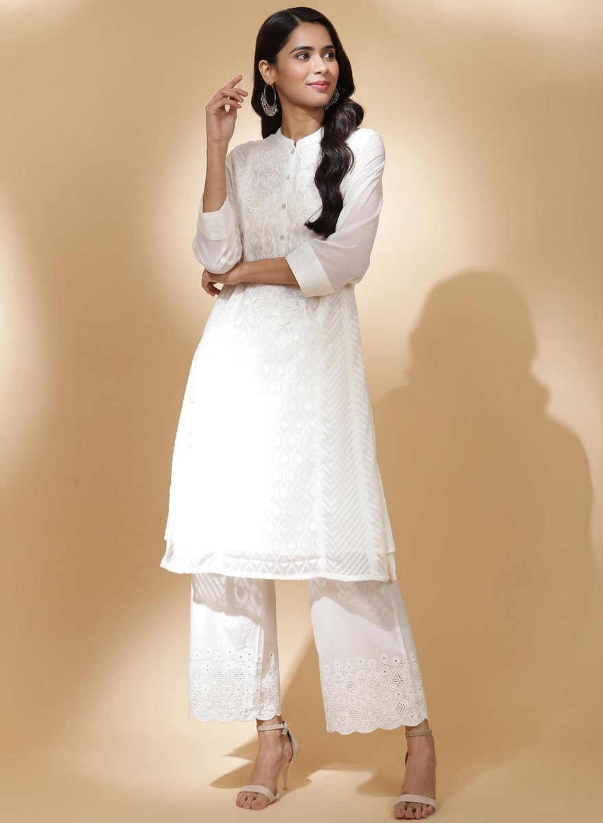 Buy Pearl White Bahaar Embroidered Kurti – Lakshita