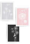 set of 3 pink, light and dark grey dandelion prints