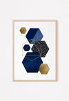 blue and gold wall art print hexagon shapes