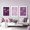 living room wall art in purple with dandelion flowers