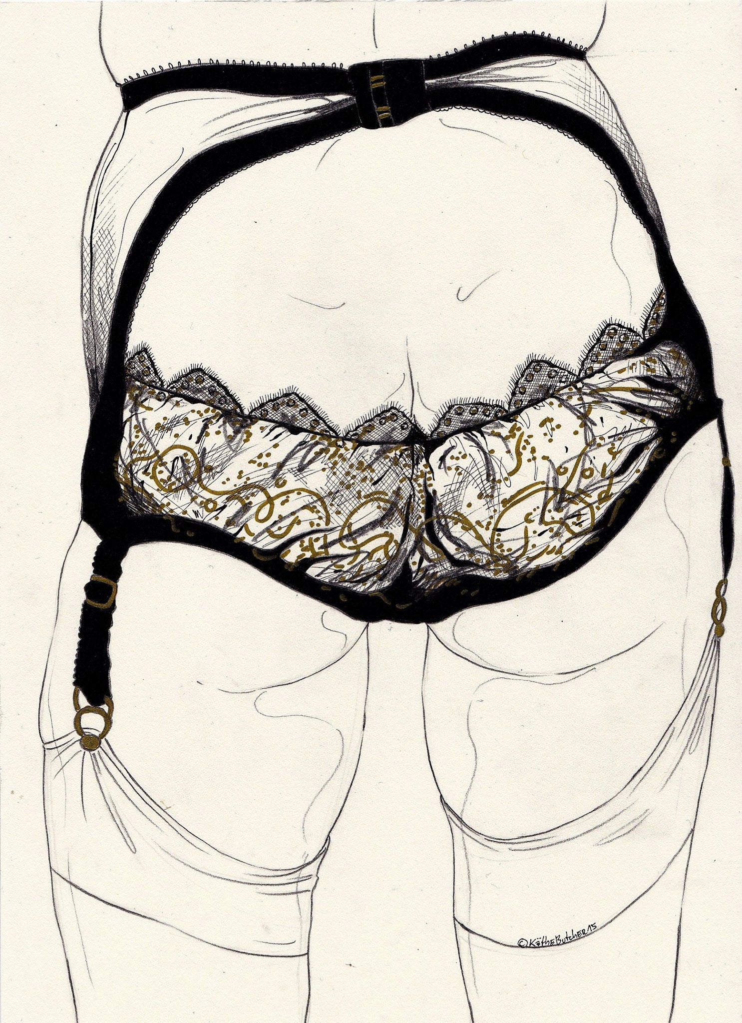 Illustration of Edge o' Beyond Luxury Lingerie with gilt thread detailing in lace