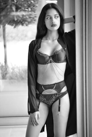 Edge o' Beyond Luxury Lingerie Backstage image Becca black silk and gold lace bra, suspenders and thong with sheer silk shirt