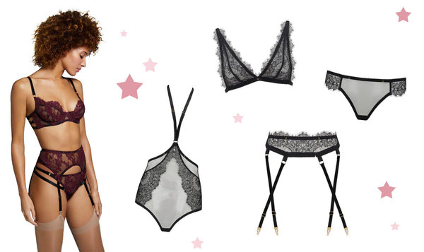 Edge o' Beyond Christmas gift lingerie guide for gentlemen. Featuring Corinne noir and fabienne lace underwear sets