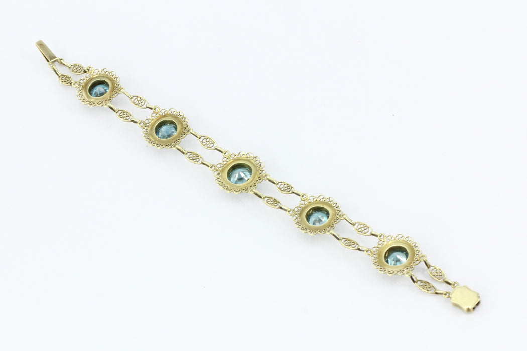 14K Yellow Gold Victorian Style 12 CTW Blue Zircon with Seed Pearl Bracelet - Queen May