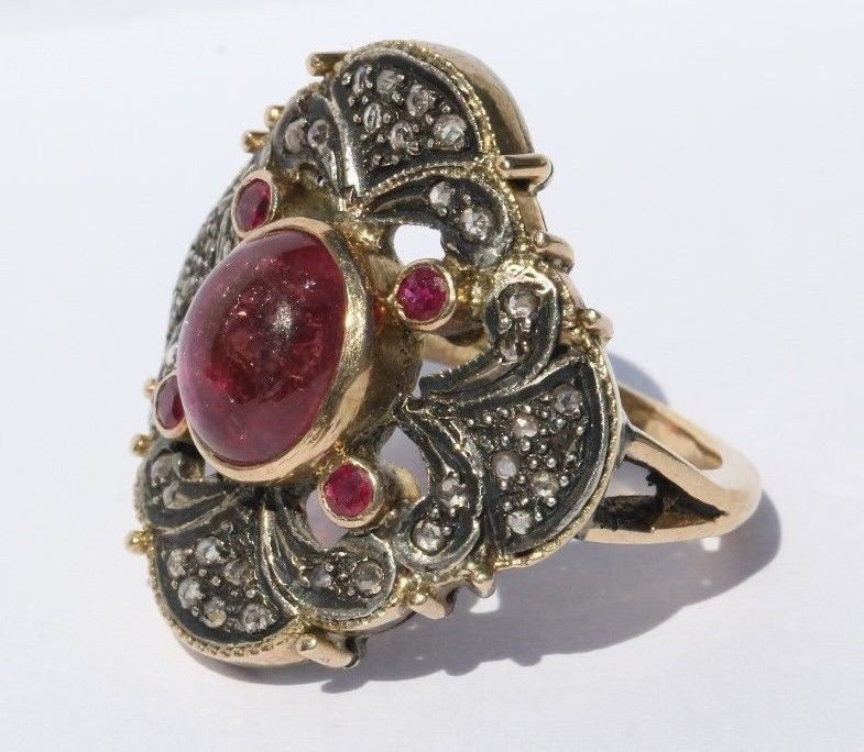 Custom Made Victorian Revival 18K Gold Pink Tourmaline, Diamond & Ruby Ring - Queen May