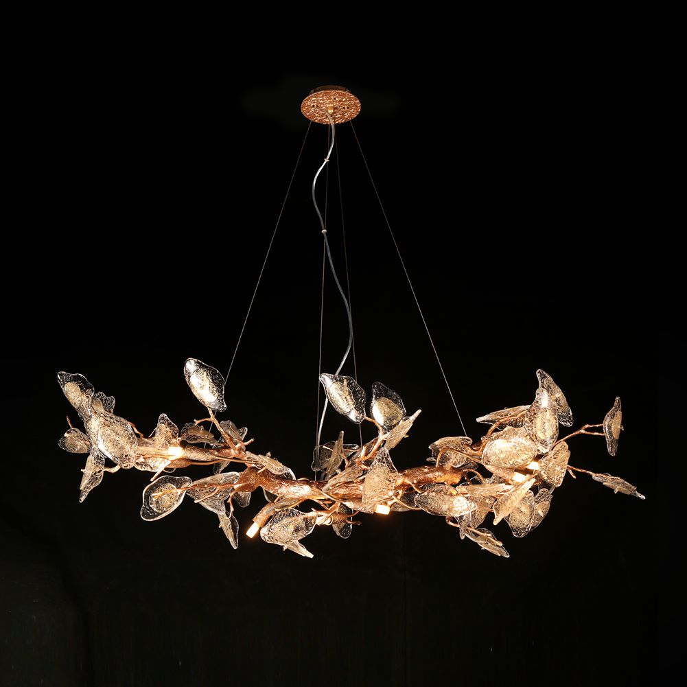 Modern Branch Long Chandelier with Glass Leaves