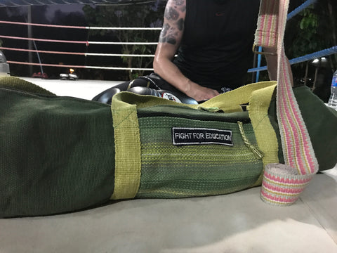 Green Olea Yoga Bag and Yoga Belt in a Muay Thai Gym