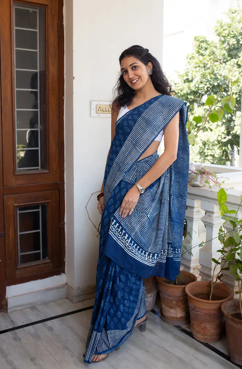 Indigo Muse - Dabu Hand Block Print Mulmul Cotton Bagru Saree