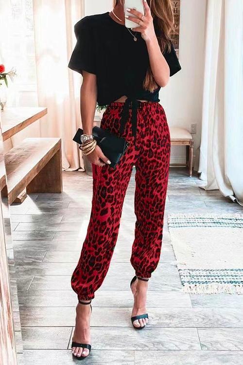 Boupola Elastic Waist Leopard Joggers with Pockets