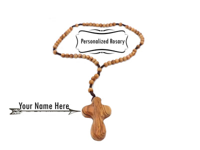Personalized Olive wood Rosary from Bethlehem, Custom Name, Children Gifts on Christmas, Easter. Prayer Beaded Bead Wooden Rosaries (Palm Cross with Engraving)