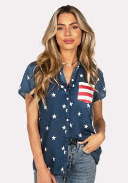 shop patriotic button downs - image of a woman wearing classic flag button down shirt