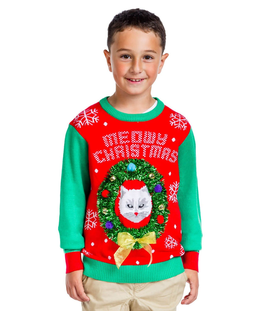 composiet perspectief Beschrijving Cat in Wreath Ugly Christmas Sweater: Boy's Christmas Outfits | Tipsy Elves