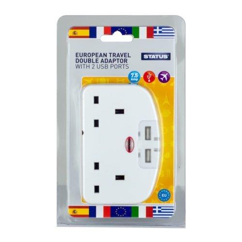 European To Uk Double Travel Plug Adaptor & 2 USB Ports Plug Socket 81442