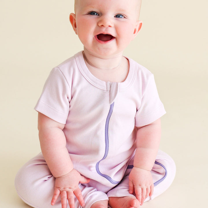 Organic Short Sleeve Zip Romper, Lavender