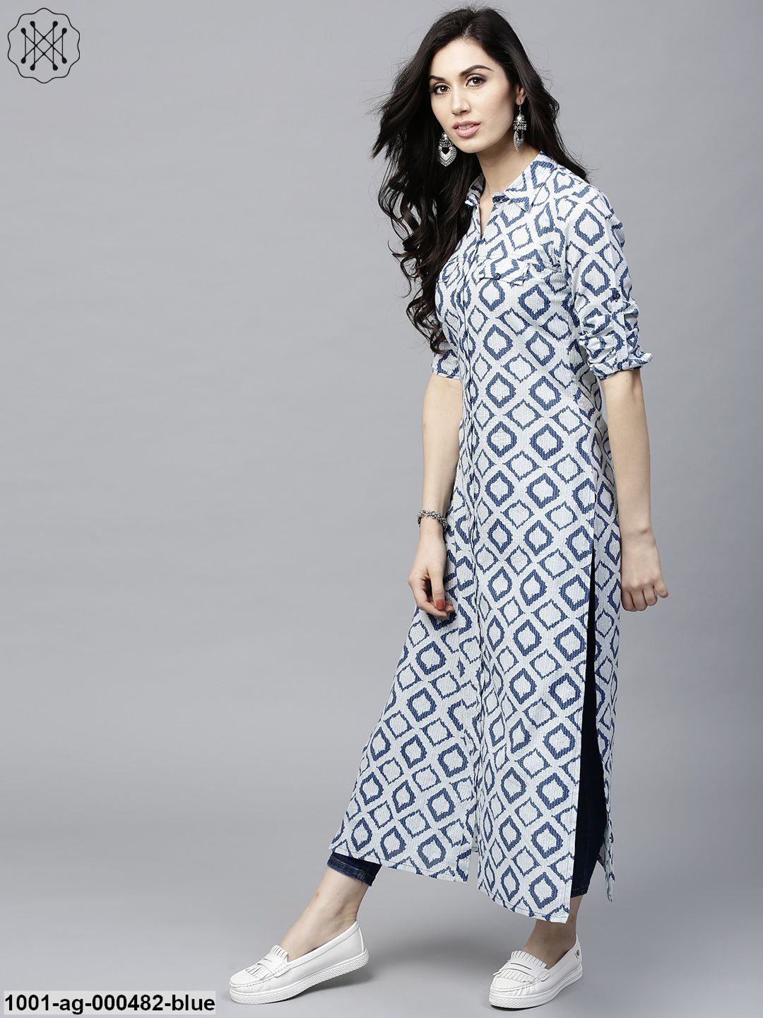 AKS Blue & White Button Down Long Kurta – Vastrakala by Greenway Group