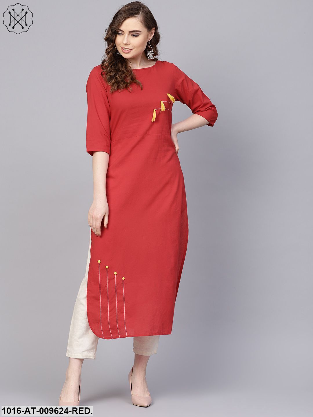 Aasi Solid Red Kurta With Thread Stitch And Tassels Detailing With ...