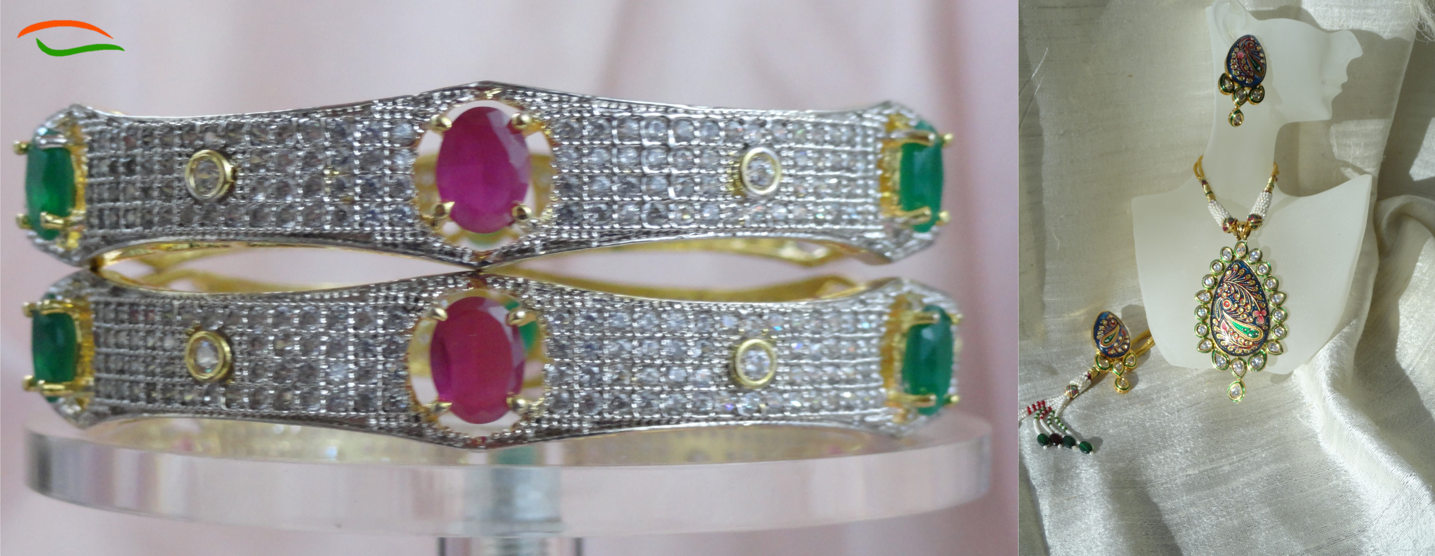 indian bracelet pink green stones minakari peacock necklace earrings artikrti