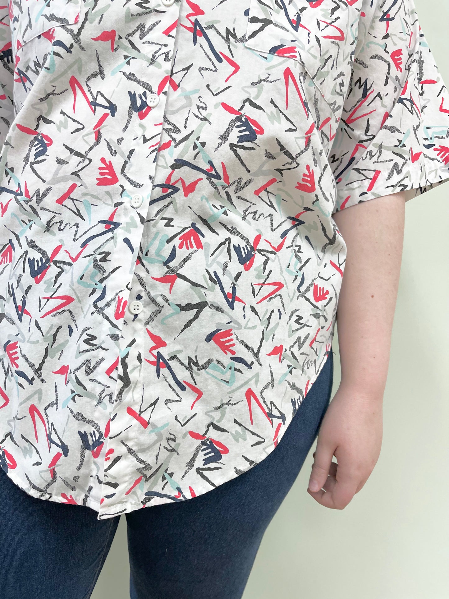 White Abstract Pattern Button Up - X-Large
