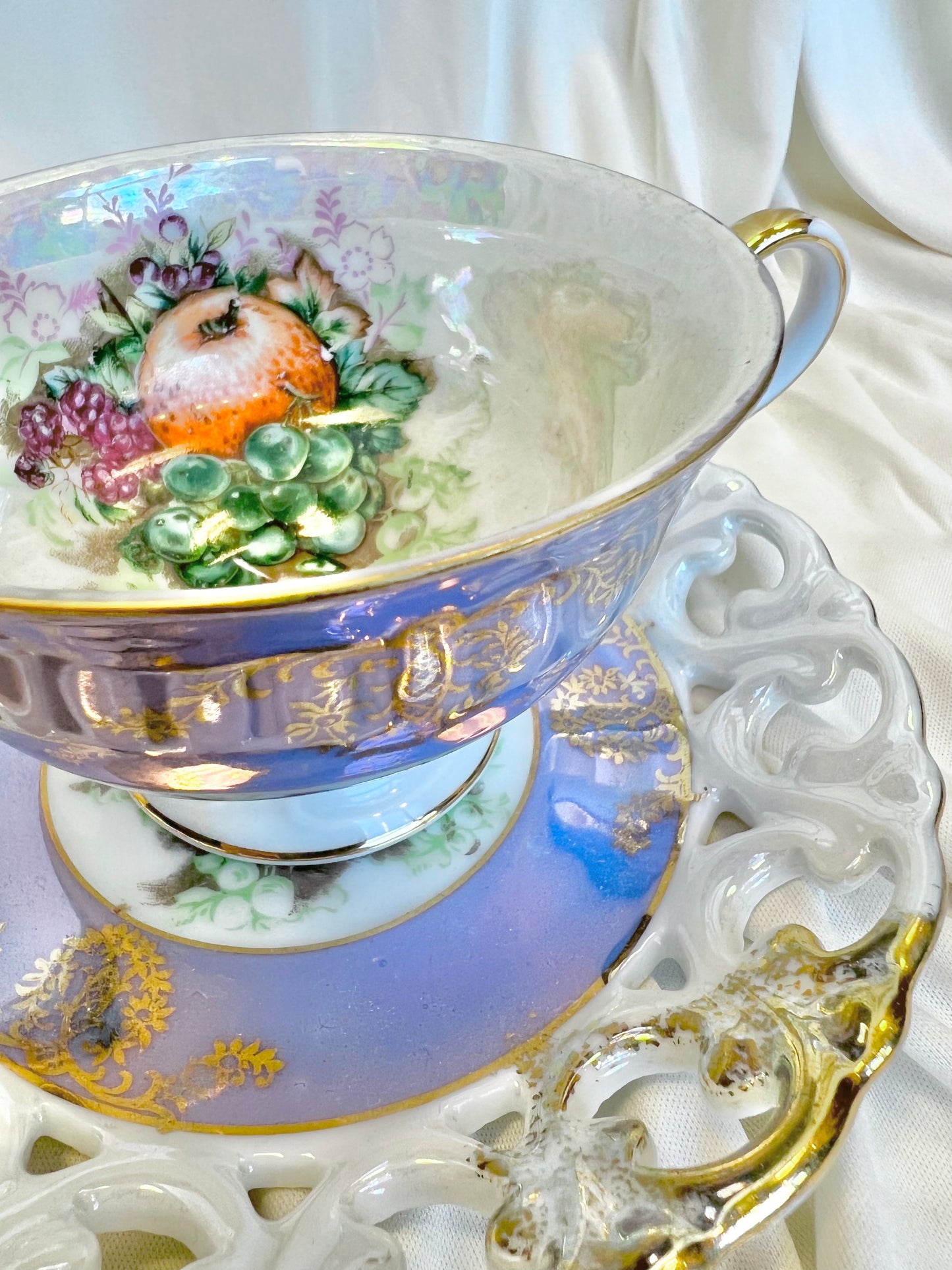 LM Royal Halsey Very Fine Fruit Motif Teacup and Saucer