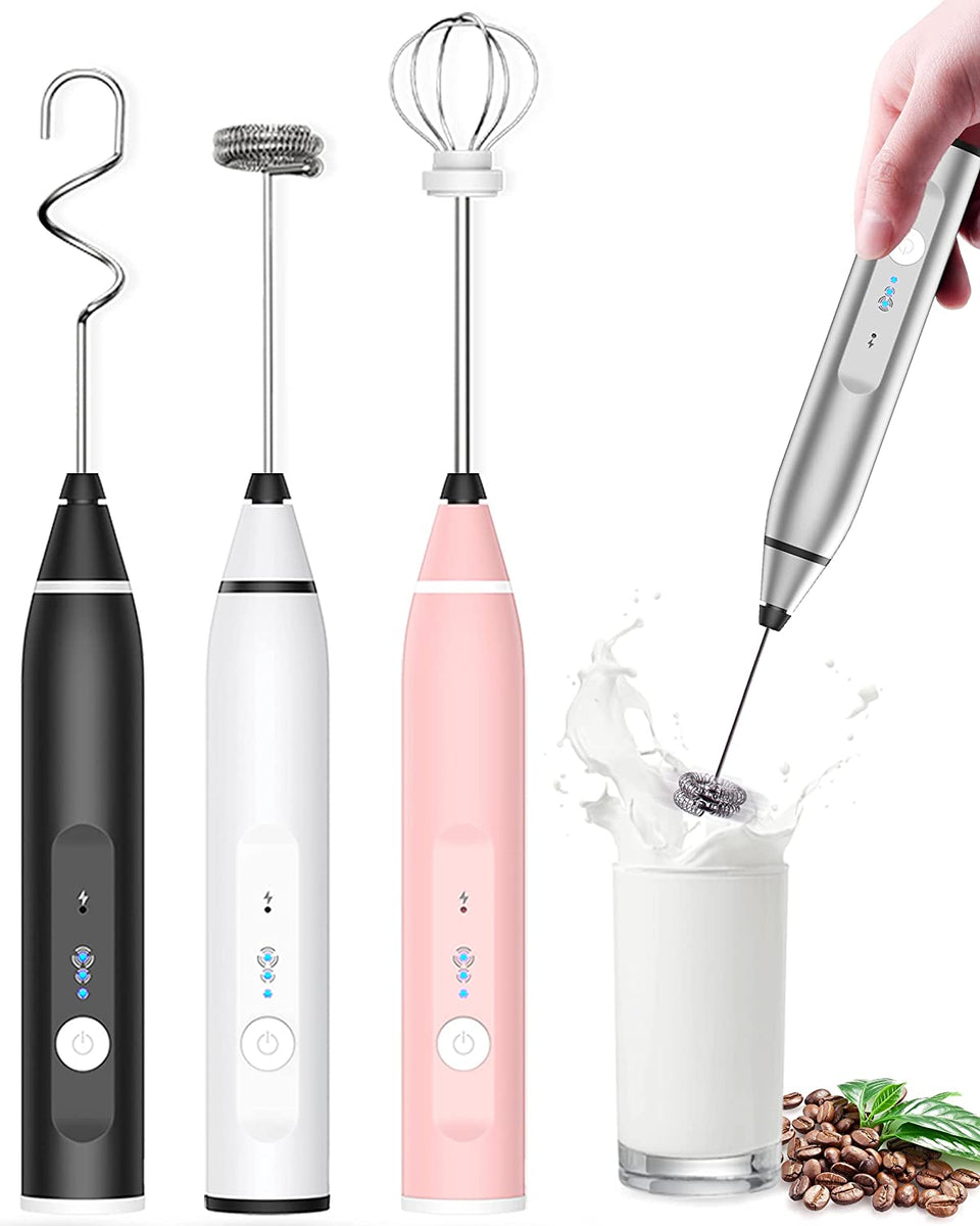 Electric Battery Handheld Drink Mixer Foam Maker Adjustable 3 Speeds with 1 Stainless Steel Spring Head Whisks,2 Stainless Steel Double Spiral Whisks RATEL Rechargeable Milk Frother