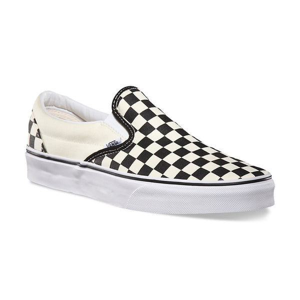 white checkered slip ons