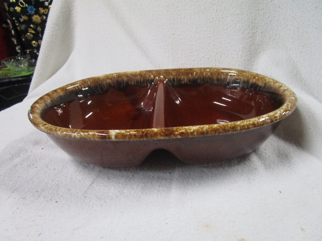 Vintage Hull USA Oven Proof Brown Drip Glaze Divided Pottery Serving Dish