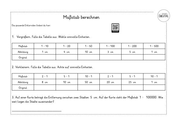 Maßstab berechnen. Arbeitsblatt mit Lösung. Mathe Klasse 4. – Frau