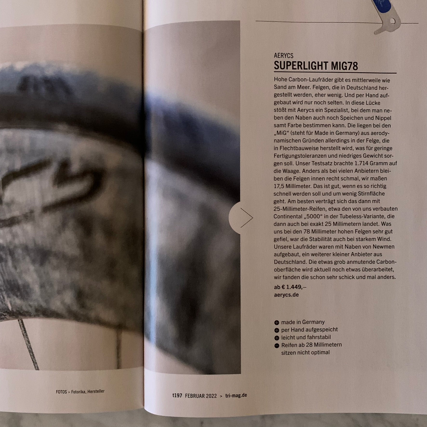 Auszug des Artikels über Superlight MiG 78 von aerycs im triathlon Magazin