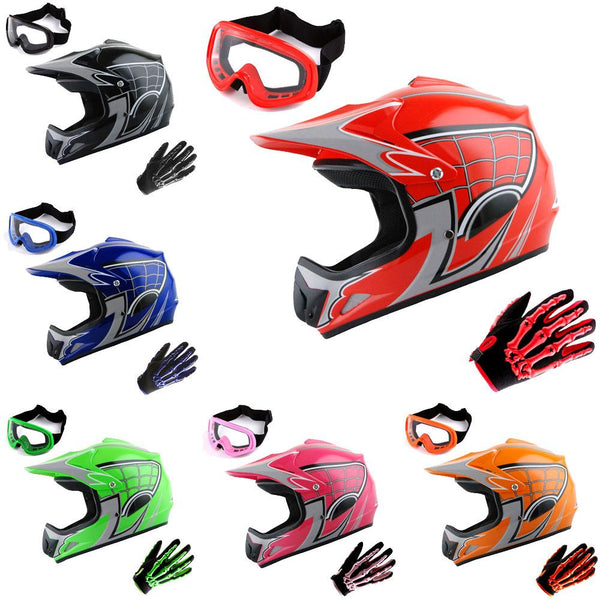 ゆったり柔らか WOW Youth MotocrossヘルメットBMX MX ATVダートバイクヘルメットSpider Web  Orange+ゴーグル+Martian Spider Orange Glove Youth Bundle