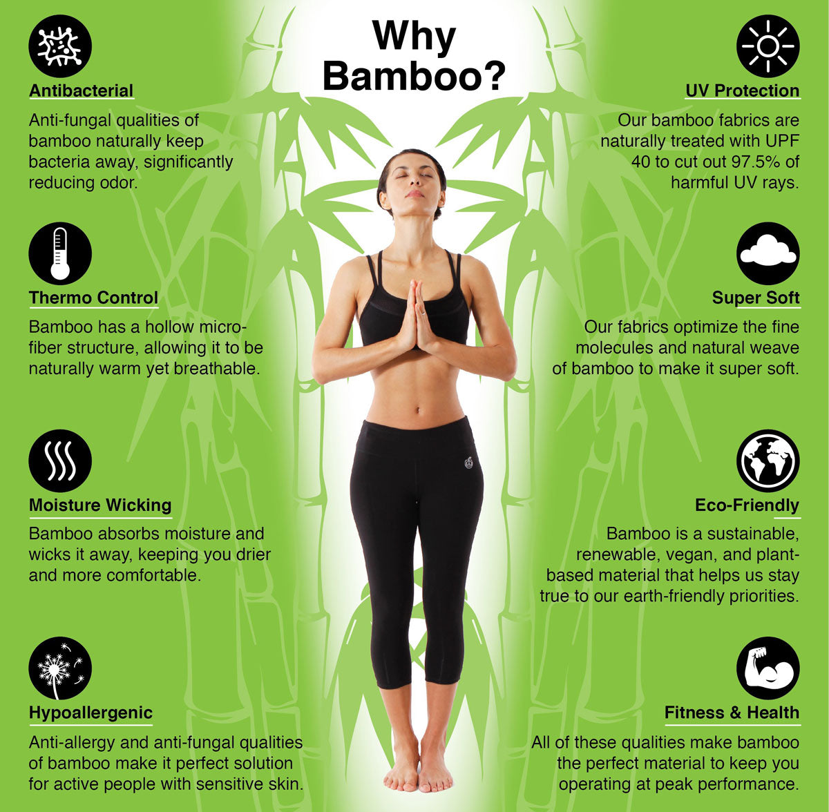 why bamboo? sizing guide: antibacterial, thermo control, moisture wicking, hypoallergenic, uv protection, super soft, eco-friendly, fitness & health
