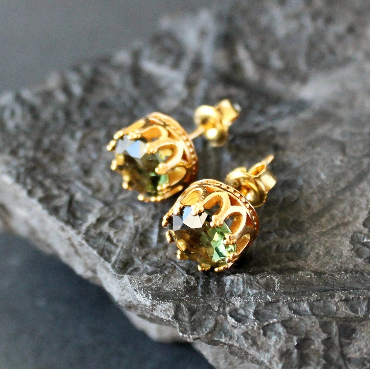 8 mm CZECH MOLDAVITE Faceted Stud Earrings Sterling Silver jewelry Moldavite from Czech Republic, genuine czech moldavite gemstone earrings