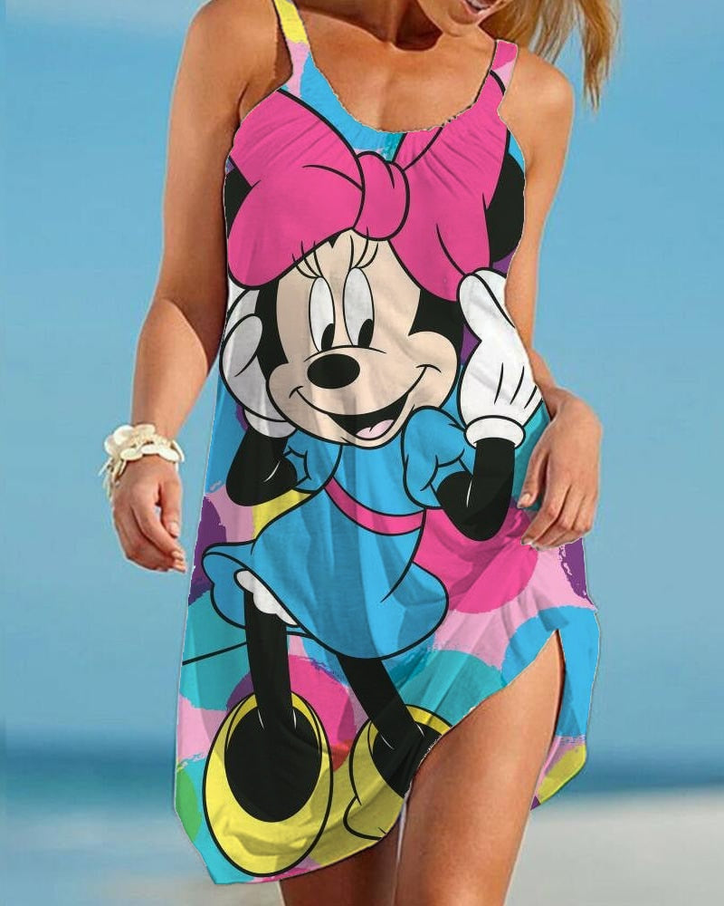 Disney Minnie Mickey Mouse Women Dresses 3D Dye Print Fashion Sleeveless Summer Halter Casual Sexy Dress Loose Kawaii Dress