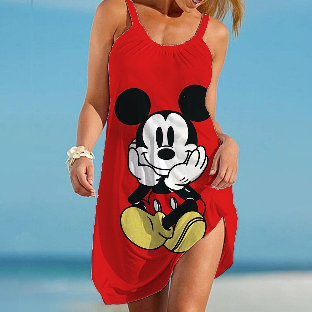 Disney Minnie Mickey Mouse Women's Dress Vintage Woman Beach Dress Sling Midi Sleeveless Dress Boho Brand Streetwear Night Dress
